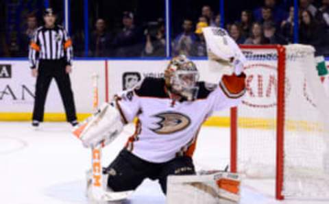 Mar 10, 2017; St. Louis, MO, USA; Anaheim Ducks goalie John Gibson (36) makes a glove save against the St. Louis Blues during the second period at Scottrade Center. Mandatory Credit: Jeff Curry-USA TODAY Sports