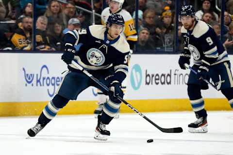 COLUMBUS, OHIO – NOVEMBER 14: Yekor Chinakhov #59 of the Columbus Blue Jackets controls the puck during the game against the Pittsburgh Penguins at Nationwide Arena on November 14, 2023 in Columbus, Ohio. Pittsburgh defeated Columbus 5-3. (Photo by Kirk Irwin/Getty Images)