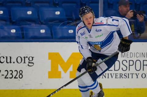 DETROIT, MI – AUGUST 02: Eemeli Rasanen #7 of Finland controls the puck against Canada during a World Jr. Summer Showcase game at USA Hockey Arena on August 2, 2017 in Plymouth, Michigan. The Canada defeated Finland 6-5 in O.T. (Photo by Dave Reginek/Getty Images) *** Local Caption *** Eemeli Rasanen