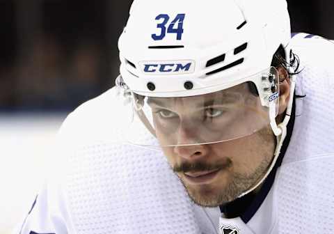 Auston Matthews #34 of the Toronto Maple Leafs and his beautiful mustache (Photo by Bruce Bennett/Getty Images)