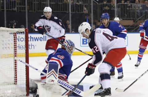 NEW YORK, NEW YORK – APRIL 05: Alexandre Texier #42 of the Columbus Blue Jackets skates in his first NHL game Alexandar Georgiev #40 of the New York Rangers at Madison Square Garden on April 05, 2019 in New York City. (Photo by Bruce Bennett/Getty Images)