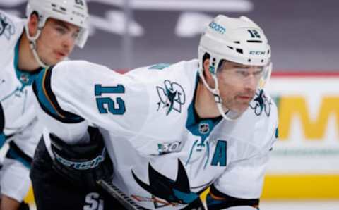 GLENDALE, ARIZONA – MARCH 27: Patrick Marleau #12 of the San Jose Sharks during the NHL game against the Arizona Coyotes at Gila River Arena on March 27, 2021 in Glendale, Arizona. The Coyotes defeated the Sharks 4-0. (Photo by Christian Petersen/Getty Images)