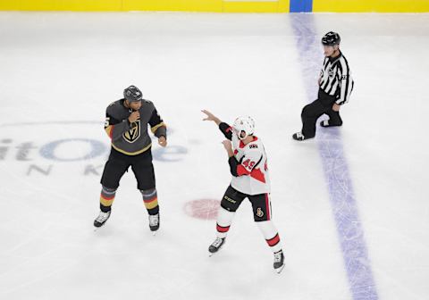 LAS VEGAS, NV – OCTOBER 17: Vegas Golden Knights right wing Ryan Reaves (75) and Ottawa Senators right wing Scott Sabourin (49) square off during the first period of a regular season game between the Ottawa Senators and the Vegas Golden Knights Thursday, Oct. 17, 2019, at T-Mobile Arena in Las Vegas, Nevada. (Photo by: Marc Sanchez/Icon Sportswire via Getty Images)