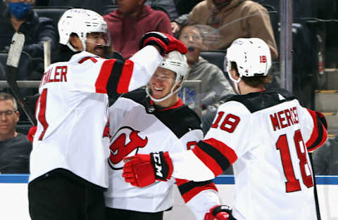 Jonas Siegenthaler, Jesper Bratt, and Dawson Mercer of the New Jersey Devils. (Photo by Bruce Bennett/Getty Images)