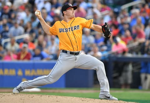 TRENTON, NJ – JULY 11: Beau Burrows #35 of the Western Division All-Stars pitches in the second inning during the 2018 Eastern League All Star Game at Arm & Hammer Park on July 11, 2018 in Trenton, New Jersey. (Photo by Mark Brown/Getty Images)