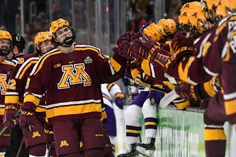 Apr 7, 2022; Boston, MA, USA; Minnesota Golden Gophers forward Matthew Knies (89) celebrates with his teammates after scoring a goal against the Minnesota State Mavericks during the first period of the 2022 Frozen Four college ice hockey national semifinals at the TD Garden. Mandatory Credit: Brian Fluharty-USA TODAY Sports