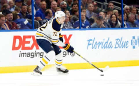 Feb 21, 2019; Tampa, FL, USA;Buffalo Sabres right wing Tage Thompson (72) skates with the puck during the second period at Amalie Arena. Mandatory Credit: Kim Klement-USA TODAY Sports