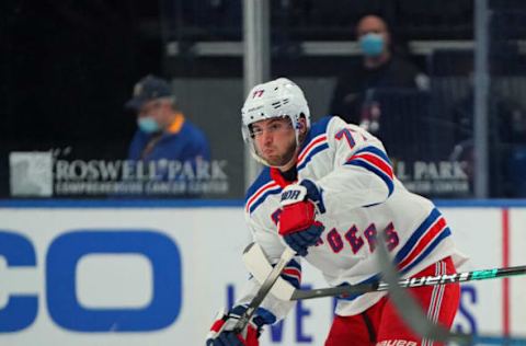 BUFFALO, NY – JANUARY 26: Tony DeAngelo #77 of the New York Rangers during the game against the Buffalo Sabres at KeyBank Center on January 26, 2021, in Buffalo, New York. (Photo by Kevin Hoffman/Getty Images)