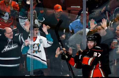 ANAHEIM, CA – MARCH 30: Nick Ritchie #37 of the Anaheim Ducks celebrates his goal during the second period against the Los Angeles Kings on March 30, 2018. (Photo by Debora Robinson/NHLI via Getty Images)