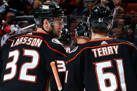 ANAHEIM, CA – MARCH 8: Jacob Larsson #32 and Troy Terry #61 of the Anaheim Ducks celebrate a first-period goal during the game against the Montreal Canadiens on March 8, 2019, at Honda Center in Anaheim, California. (Photo by Debora Robinson/NHLI via Getty Images)