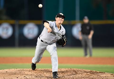 CORAL GABLES, FL – MARCH 31: Wake Forest right handed pitcher Parker Dunsshee (36) pitches during a college baseball game between the Wake Forest University Demon Deacons and the University of Miami Hurricanes on March 31, 2017 at Alex Roddriguez Park at Mark Light Field, Coral Gables, Florida. Wake Forest defeated Miami 2-1. (Photo by Richard C. Lewis/Icon Sportswire via Getty Images)