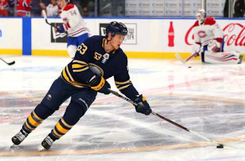 BUFFALO, NY – OCTOBER 25: Jeff Skinner #53 of the Buffalo Sabres before the game against the Montreal Canadiens on October 25, 2018 in Buffalo, New York. (Photo by Kevin Hoffman/Getty Images)