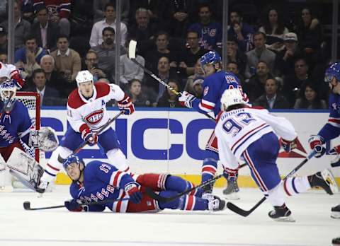 NEW YORK, NEW YORK – NOVEMBER 06: Jesper Fast #17 of the New York Rangers blocks a shot by Jonathan Drouin #92 of the Montreal Canadiens during the second period at Madison Square Garden on November 06, 2018 in New York City. The Rangers defeated the Canadiens 5-3. (Photo by Bruce Bennett/Getty Images)