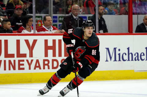 RALEIGH, NC – DECEMBER 31: Teuvo Teravainen #86 of the Carolina Hurricanes skates with the puck during an NHL game against the Montreal Canadiens on December 31, 2019 at PNC Arena in Raleigh, North Carolina. (Photo by Gregg Forwerck/NHLI via Getty Images)