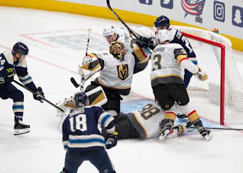 COLUMBUS, OH – NOVEMBER 05: Vegas Golden Knights goaltender Marc-Andre Fleury (29) dives to make a save during the game between the Columbus Blue Jackets and the Vegas Golden Knights at Nationwide Arena in Columbus, Ohio on November 5, 2019. (Photo by Jason Mowry/Icon Sportswire via Getty Images)