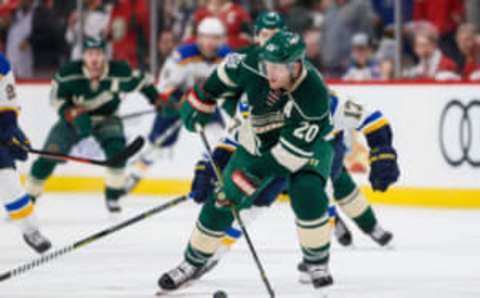 Minnesota Wild defenseman Ryan Suter (20) skates with the puck (Brad Rempel-USA TODAY Sports)