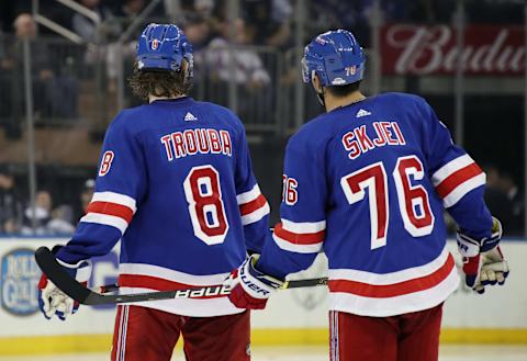 NEW YORK, NEW YORK – SEPTEMBER 18: Jacob Trouba #8 and Brady Skjei #76 of the New York Rangers skates against the New Jersey Devils at Madison Square Garden on September 18, 2019 in New York City. The Devils defeated the Rangers 4-3. (Photo by Bruce Bennett/Getty Images)