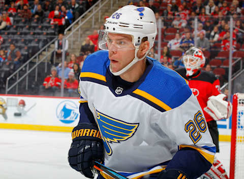 November 7, 2017 at Prudential Center in Newark, New Jersey. The Blues defeated the Devils 3-1. (Photo by Jim McIsaac/Getty Images)