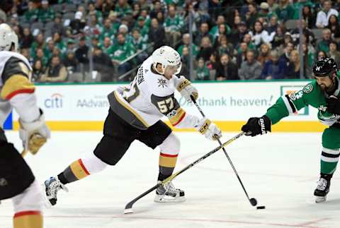 DALLAS, TX – DECEMBER 09: David Perron #57 of the Vegas Golden Knights scores a goal against the Dallas Stars in the second period at American Airlines Center on December 9, 2017 in Dallas, Texas. (Photo by Ronald Martinez/Getty Images)