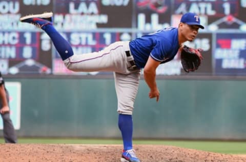 MINNEAPOLIS, MN – JUNE 23: Texas Rangers Pitcher Keone Kela (50) delivers a pitch during a MLB game between the Minnesota Twins and Texas Rangers on June 23, 2018 at Target Field in Minneapolis, MN.The Rangers defeated the Twins 9-6.(Photo by Nick Wosika/Icon Sportswire via Getty Images)