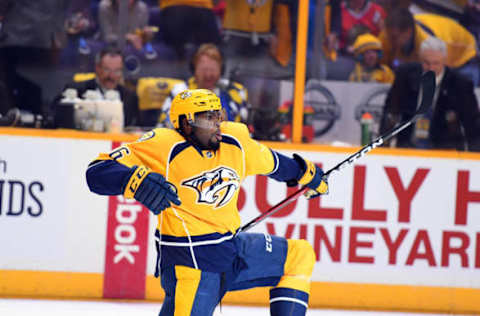 NASHVILLE, TN – OCTOBER 14: Nashville Predators defenseman P.K. Subban #76 celebrates after scoring a power play goal in the first period against the Chicago Blackhawks at Bridgestone Arena. (Photo by Christopher Hanewinckel/USA TODAY Sports)