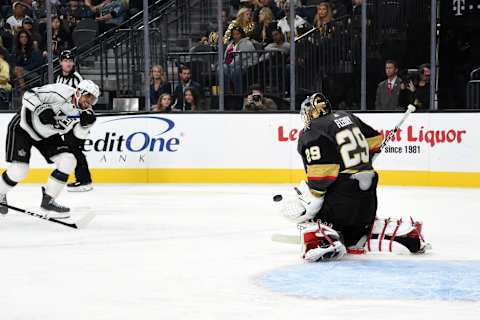 LAS VEGAS, NEVADA – SEPTEMBER 27: Marc-Andre Fleury #29 of the Vegas Golden Knights saves a shot during the second period against the Los Angeles Kings at T-Mobile Arena on September 27, 2019 in Las Vegas, Nevada. (Photo by David Becker/NHLI via Getty Images)