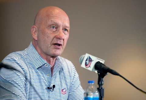 Jul 1, 2023; Columbus, OH, USA; Columbus Blue Jackets General Manager Jarmo Kekalainen speaks after hiring Mike Babcock as the new head coach during a press conference at Nationwide Arena. Mandatory Credit: Kyle Robertson-USA TODAY NETWORK