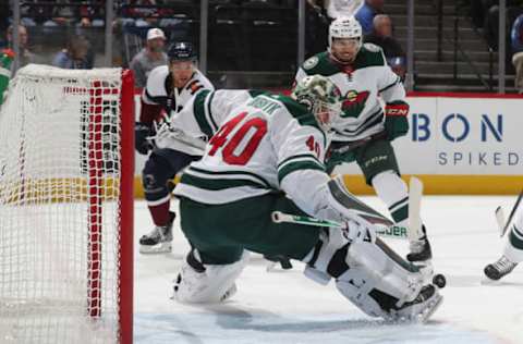 DENVER, COLORADO – OCTOBER 05: Goaltender Devan Dubnyk #40 of the Minnesota Wild makes a skate save against the Colorado Avalanche at Pepsi Center on October 05, 2019 in Denver, Colorado. (Photo by Michael Martin/NHLI via Getty Images)