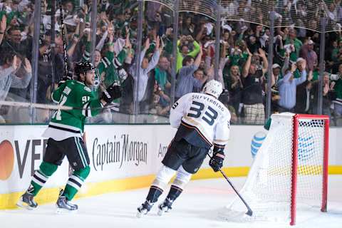 Apr 21, 2014; Dallas, TX, USA; Dallas Stars center Tyler Seguin (91) celebrates right wing Valeri Nichushkin (not pictured) goal against the Anaheim Ducks during the second period in game three of the first round of the 2014 Stanley Cup Playoffs at American Airlines Center. Mandatory Credit: Jerome Miron-USA TODAY Sports