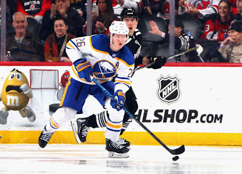 NEWARK, NEW JERSEY – APRIL 11: Rasmus Dahlin #26 of the Buffalo Sabres against the New Jersey Devils at the Prudential Center on April 11, 2023 in Newark, New Jersey. (Photo by Bruce Bennett/Getty Images)