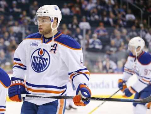 Mar 6, 2016; Winnipeg, Manitoba, CAN; Edmonton Oilers left wing Taylor Hall (4) prior to the game against the Winnipeg Jets at MTS Centre. Mandatory Credit: Bruce Fedyck-USA TODAY Sports