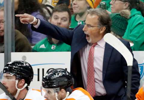 Mar 11, 2023; Pittsburgh, Pennsylvania, USA; Philadelphia Flyers head coach John Tortorella reacts on the bench against the Pittsburgh Penguins during the third period at PPG Paints Arena. Pittsburgh won 5-1. Mandatory Credit: Charles LeClaire-USA TODAY Sports