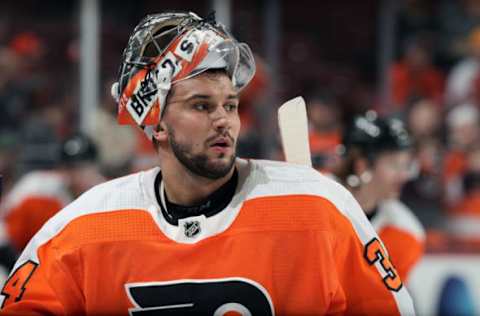 PHILADELPHIA, PA – MARCH 15: Petr Mrazek #34 of the Philadelphia Flyers looks on during warm-ups against the Columbus Blue Jackets on March 15, 2018 at the Wells Fargo Center in Philadelphia, Pennsylvania. (Photo by Len Redkoles/NHLI via Getty Images)