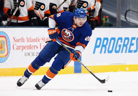 UNIONDALE, NEW YORK – MARCH 18: Michael Dal Colle #28 of the New York Islanders skates against the Philadelphia Flyers at the Nassau Coliseum on March 18, 2021 in Uniondale, New York. (Photo by Bruce Bennett/Getty Images)