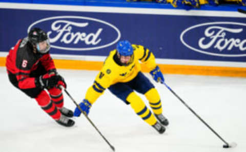 BASEL, SWITZERLAND – APRIL 29: Andrew Gibson of Canada (L) trying to stop Felix Unger Sorum of Sweden (R)