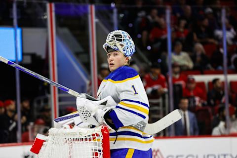 RALEIGH, NC – NOVEMBER 07: Ukko-Pekka Luukkonen #1 of the Buffalo Sabres looks on during the second period of the game against the Carolina Hurricanes at PNC Arena on November 07, 2023 in Raleigh, North Carolina. (Photo by Jaylynn Nash/Getty Images)