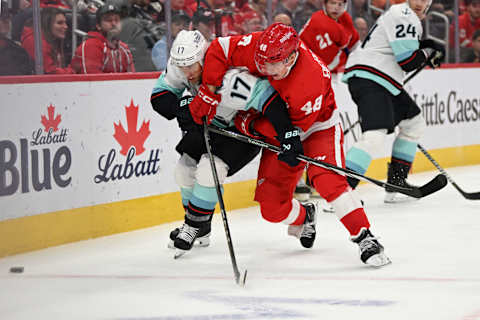 Oct 24, 2023; Detroit, Michigan, USA; Seattle Kraken center Jaden Schwartz (17) battles Detroit Red Wings right wing Jonatan Berggren (48) for control of the puck in the second period at Little Caesars Arena. Mandatory Credit: Lon Horwedel-USA TODAY Sports