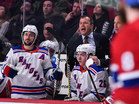 MONTREAL, QC – FEBRUARY 22: Head coach of the New York Rangers Alain Vigneault yells out from behind the bench against the Montreal Canadiens during the NHL game at the Bell Centre on February 22, 2018 in Montreal, Quebec, Canada. The Montreal Canadiens defeated the New York Rangers 3-1. (Photo by Minas Panagiotakis/Getty Images)