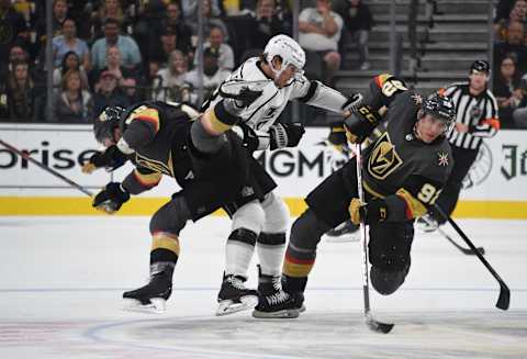 LAS VEGAS, NEVADA – SEPTEMBER 27: William Carrier #28 of the Vegas Golden Knights collides with Tyler Toffoli #73 of the Los Angeles Kings during the third period at T-Mobile Arena on September 27, 2019 in Las Vegas, Nevada. (Photo by David Becker/NHLI via Getty Images)