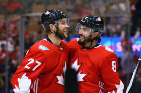 TORONTO, ON – SEPTEMBER 17: Alex Pietrangelo #27 of Team Canada celebrates his third period goal agaist Team Czech Republic and is joined by Drew Doughty . (Photo by Bruce Bennett/Getty Images)