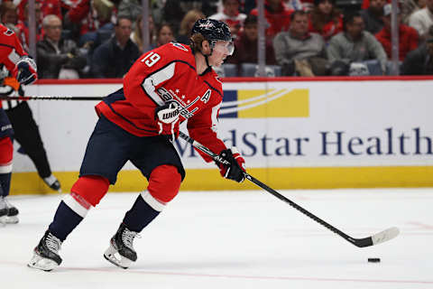 WASHINGTON, DC – JANUARY 07: Nicklas Backstrom #19 of the Washington Capitals skates with the puck against the Ottawa Senators during the first period at Capital One Arena on January 07, 2020 in Washington, DC. (Photo by Patrick Smith/Getty Images)