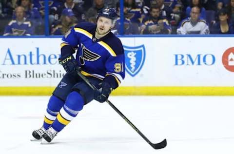 May 23, 2016; St. Louis, MO, USA; St. Louis Blues right wing Vladimir Tarasenko (91) in action against the San Jose Sharks during the second period in game five of the Western Conference Final of the 2016 Stanley Cup Playoffs at Scottrade Center. The Sharks won the game 6-3. Mandatory Credit: Billy Hurst-USA TODAY Sports