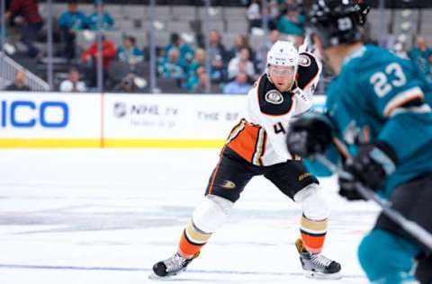 SAN JOSE, CA – SEPTEMBER 18: Anaheim Ducks defenseman Cam Fowler (4) takes a shot during the San Jose Sharks game versus the Anaheim Ducks on September 18, 2018, at SAP Center at San Jose in San Jose, CA. (Photo by Matt Cohen/Icon Sportswire via Getty Images)