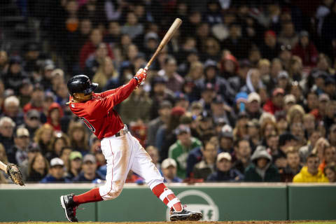 BOSTON, MA – MAY 18: Mookie Betts #50 of the Boston Red Sox hits an RBI double during the sixth inning of a game against the Baltimore Orioles on May 18, 2018 at Fenway Park in Boston, Massachusetts. (Photo by Billie Weiss/Boston Red Sox/Getty Images)