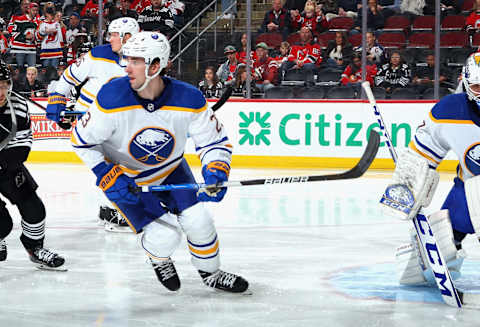 NEWARK, NEW JERSEY – APRIL 11: Mattias Samuelsson #23 of the Buffalo Sabres against the New Jersey Devils at the Prudential Center on April 11, 2023 in Newark, New Jersey. (Photo by Bruce Bennett/Getty Images)