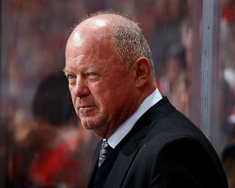 CALGARY, AB – FEBRUARY 22: Interim head coach of the Anaheim Ducks, Bob Murray watches his team during an NHL game against the Calgary Flames on February 22, 2019, at the Scotiabank Saddledome in Calgary, Alberta, Canada. (Photo by Gerry Thomas/NHLI via Getty Images)