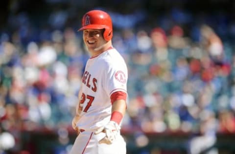 September 18, 2016; Anaheim, CA, USA; Los Angeles Angels center fielder Mike Trout (27) reacts after reaching third in the seventh inning against Toronto Blue Jays at Angel Stadium of Anaheim. Mandatory Credit: Gary A. Vasquez-USA TODAY Sports