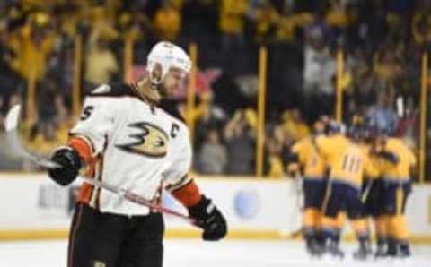 Apr 25, 2016; Nashville, TN, USA; Anaheim Ducks center Ryan Getzlaf (15) reacts after a 3-1 loss against the Nashville Predators in game six of the first round of the 2016 Stanley Cup Playoffs at Bridgestone Arena. Mandatory Credit: Christopher Hanewinckel-USA TODAY Sports