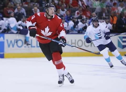 Sep 21, 2016; Toronto, Ontario, Canada; Team Canada defenseman Jay Bouwmeester (4) skates against Team Europe during the second period of preliminary round play in the 2016 World Cup of Hockey at Air Canada Centre. Mandatory Credit: John E. Sokolowski-USA TODAY Sports