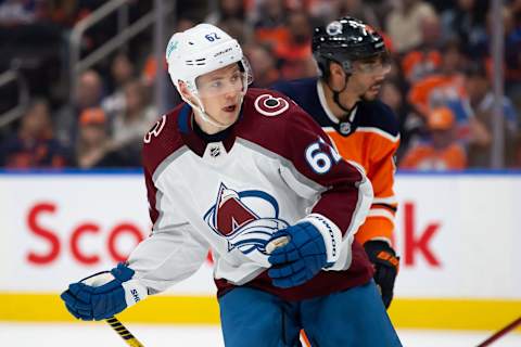 EDMONTON, AB – APRIL 22: Artturi Lehkonen #62 of the Colorado Avalanche skates against the Edmonton Oilers during the first period at Rogers Place on April 22, 2022 in Edmonton, Canada. (Photo by Codie McLachlan/Getty Images)